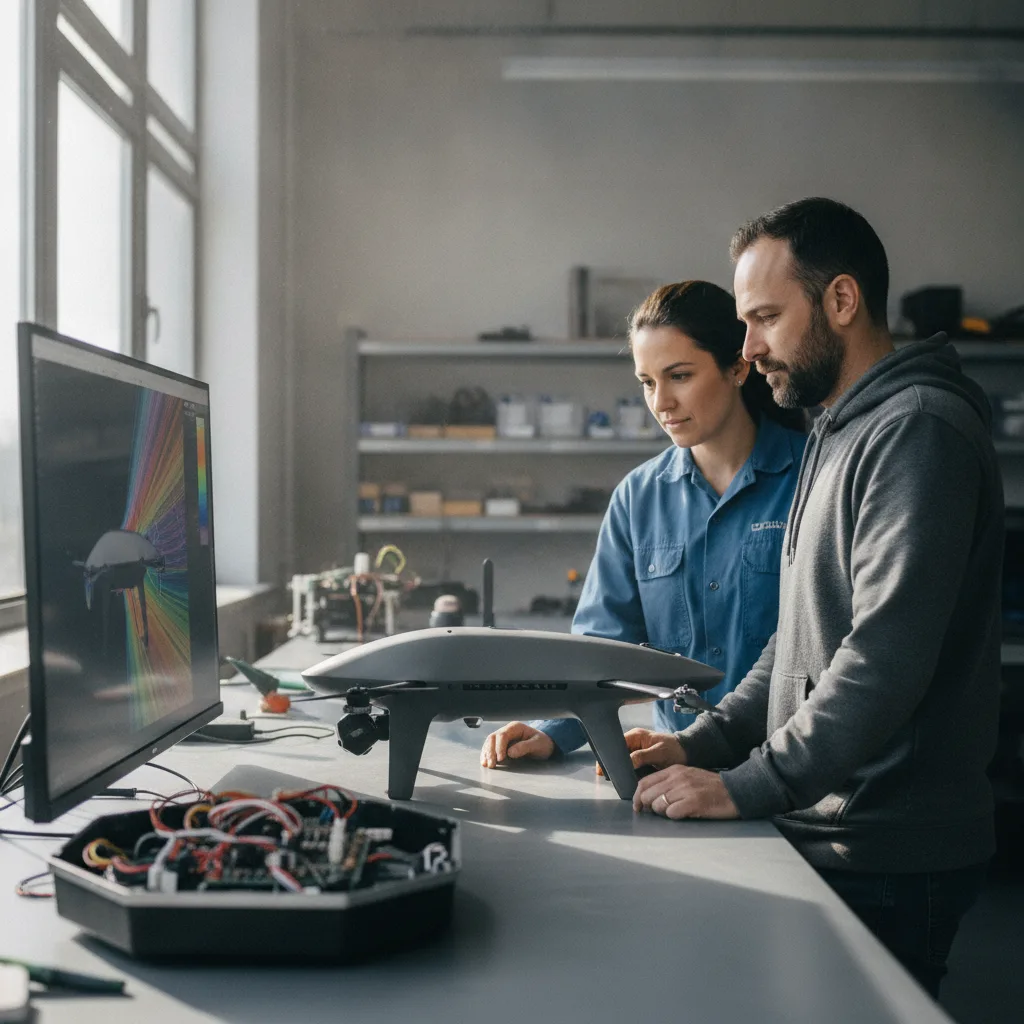 Two hardware engineers reviewing a counter-drone prototype next to a monitor showing an airflow simulation